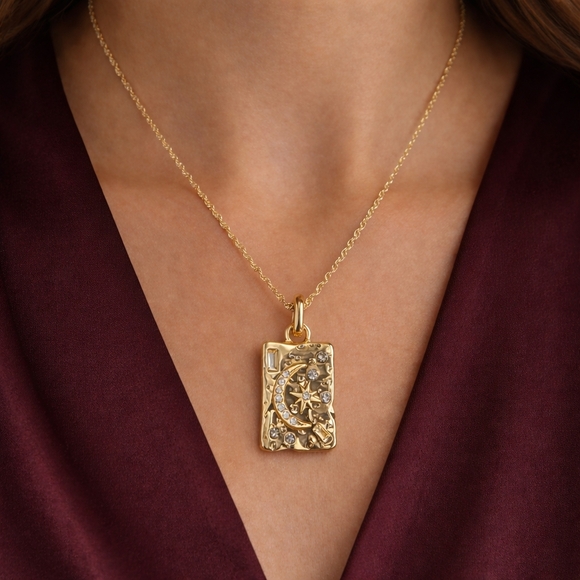 Private Label Jewelry - Moon & Starburst Celestial Necklace 18K Gold Plated Rope Chain